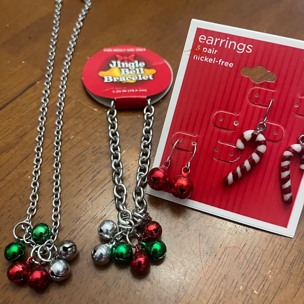 Jingle Bells Holiday Necklace Bracelet and Earrings Christmas Set
